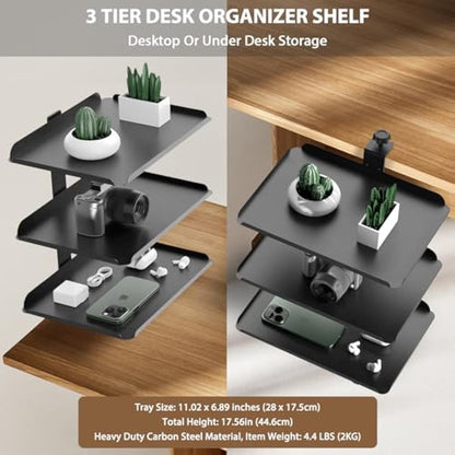 ROLIZOE Clamp On Desk Shelf Organiser with Adjustable Metal Tray & Headphone Stand 3 Tier Shelving Unit Above or Under Desk Storage No Drill Extender Shelves Anti-Slip Desktop Shelf for Home Office