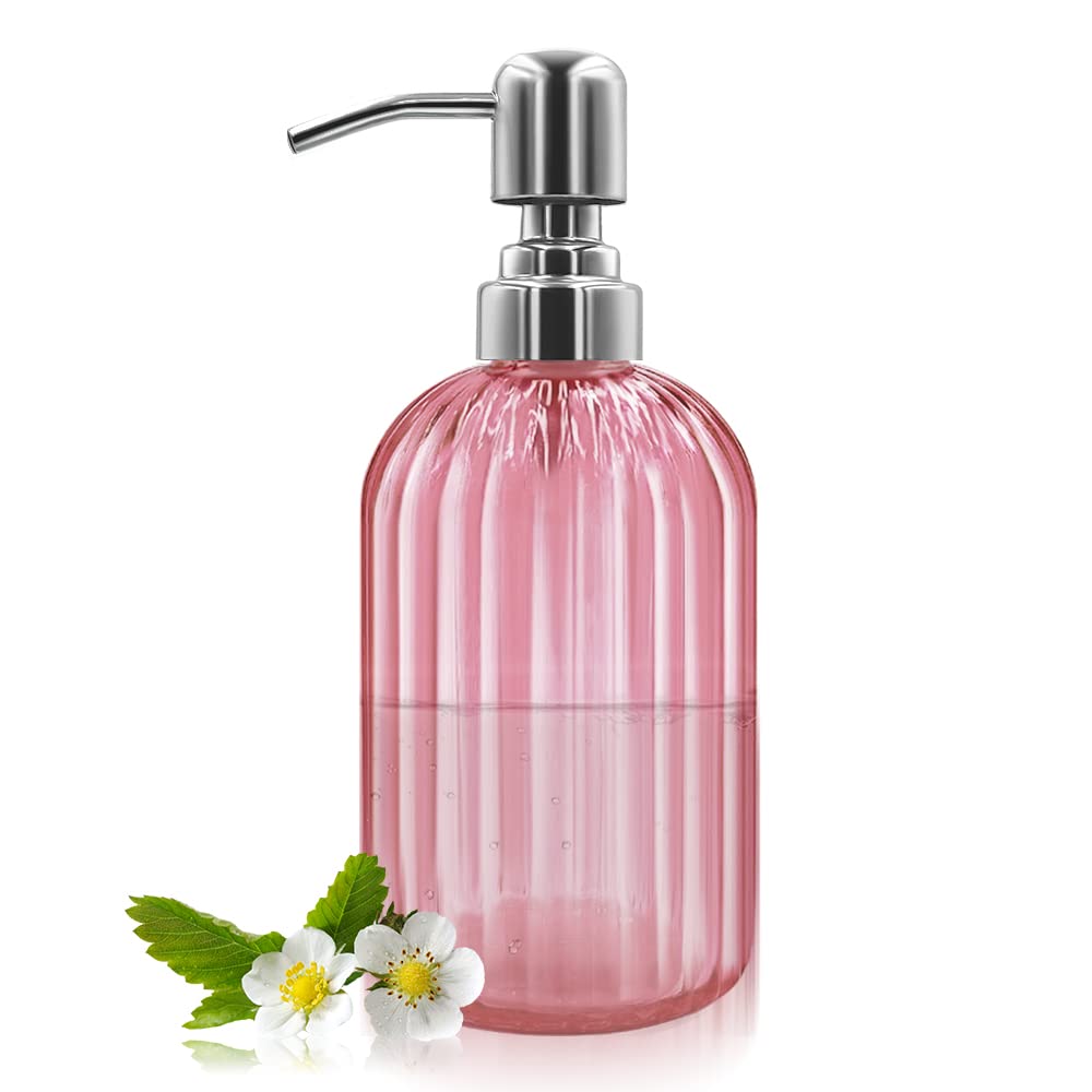14 Oz Glass Soap Dispenser with 304 Rust Proof Stainless Steel Pump, Refillable Hand Liquid Soap Dispenser for Bathroom, Kitchen， Countertop