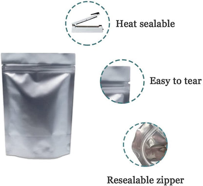 WACCOMT Pack 50 Pieces Silver Pure Mylar Foil Bags Smell Proof Stand Up Pouch 3.94mil Thick Aluminium Foil Zipper Lock Pouches Resealable Food Bag for