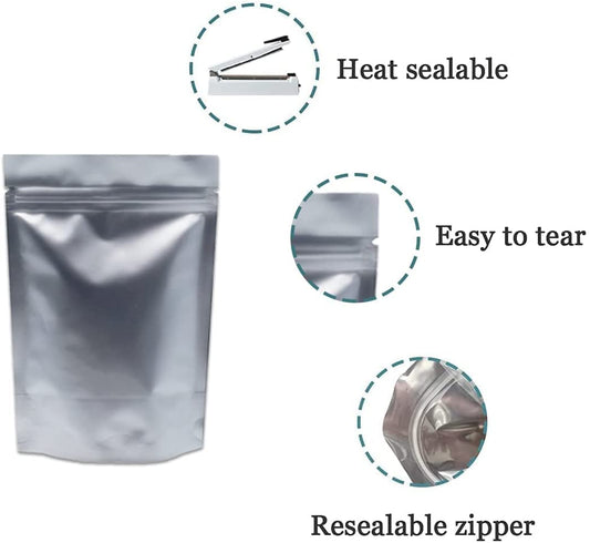 WACCOMT Pack 50 Pieces Silver Pure Mylar Foil Bags Smell Proof Stand Up Pouch 3.94mil Thick Aluminium Foil Zipper Lock Pouches Resealable Food Bag for