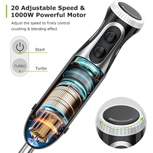 Bonsenkitchen Stainless Steel Hand Blender, 4-in-1 Stick Blender 1000W, 20 Speed Adjustable, with Whisk, 500ml Chopper and 700ml Measuring Cup, Food Processor (HB3203)