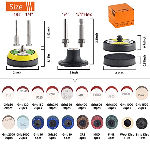 Tshya VPS27001 270Pack 2inch Sanding Discs Pad Variety Kit for Drill Grinder Rotary Tools Die Grinder Accessories with 1/8 inch&1/4 inch Shank Backer Plate, Sanding Pads Includes 36-3000 Grit,Blue