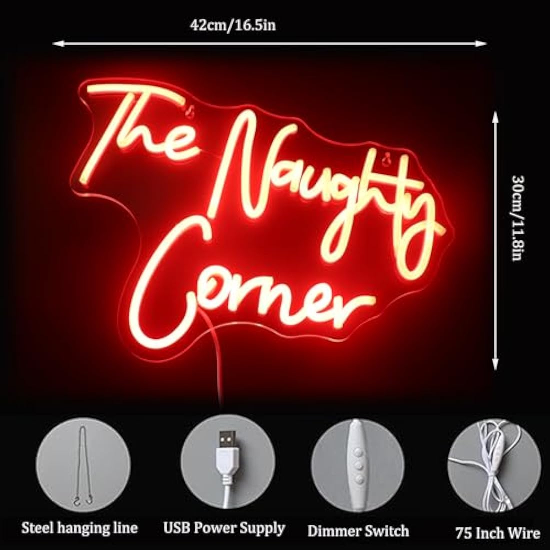 QiaoFei LED "The Naughty Corner" Neon Sign Word/Letters USB Powered Neon Lights for Girls Room Home Bar Art Wall Decor Party Window Living Room Decor Birthday Christmas' Gift(Red)