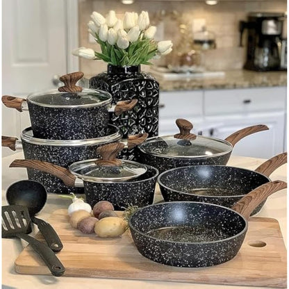 Kitchen Academy Induction Hob Pans Set - 12 Pieces Black Granite Kitchen Cookware Set，Pots and Pans Set Non Stick