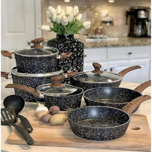 Kitchen Academy Induction Hob Pans Set - 12 Pieces Black Granite Kitchen Cookware Set，Pots and Pans Set Non Stick