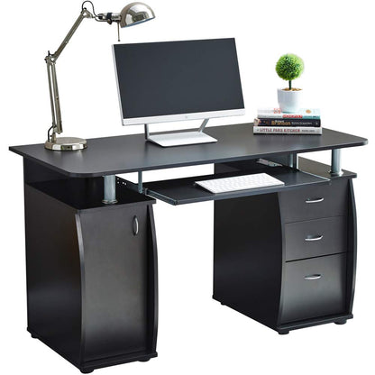 RayGar Black Deluxe Design Computer Desk With Cabinet and 3 Drawers For Home Office Table Workstation - New Black