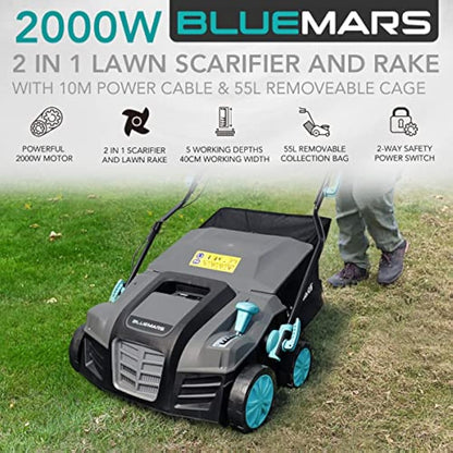 Bluemars 2000W Lawn Scarifier and Aerator, 40CM Working Width Electric Lawn Rake,5 Positions,55L Grass Box, Folding Handle,10M Power Cord