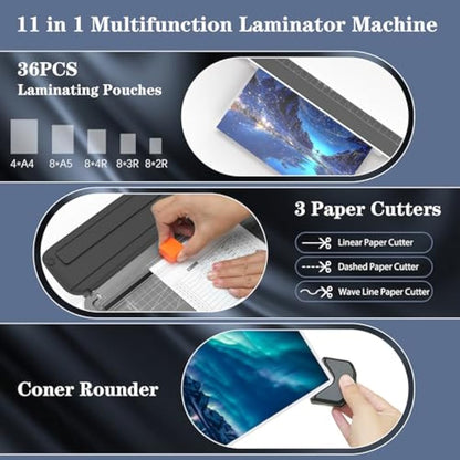 OidoZac Laminator Machine A4, 11 in 1 Thermal Laminating Machine Cold Hot Lamination with 36 Laminating Pouches 3 Cutter Heads & Built-in Trimmer Laminate Set for School Home Business Office(Black)