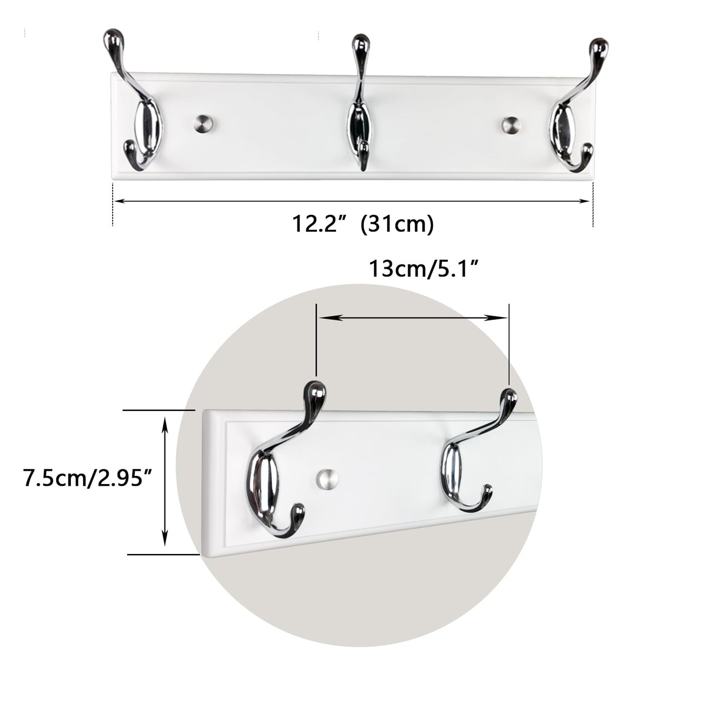 Lomejii Wooden Wall Coat Rack with 3 Silver Hooks, 31 cm, Strong Hook Rail for Hat, Bag, Large Modern Coat Rack for Entrance, Hallway, Bedroom, White