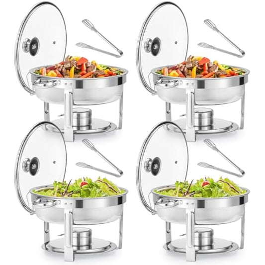 WILPREP Chafing Dish Buffet Set, 4 Pack 5.5L Round Chafers for Catering with Glass Lid & Lid Holder Water Food Pan, Stainless Steel Food Warmers