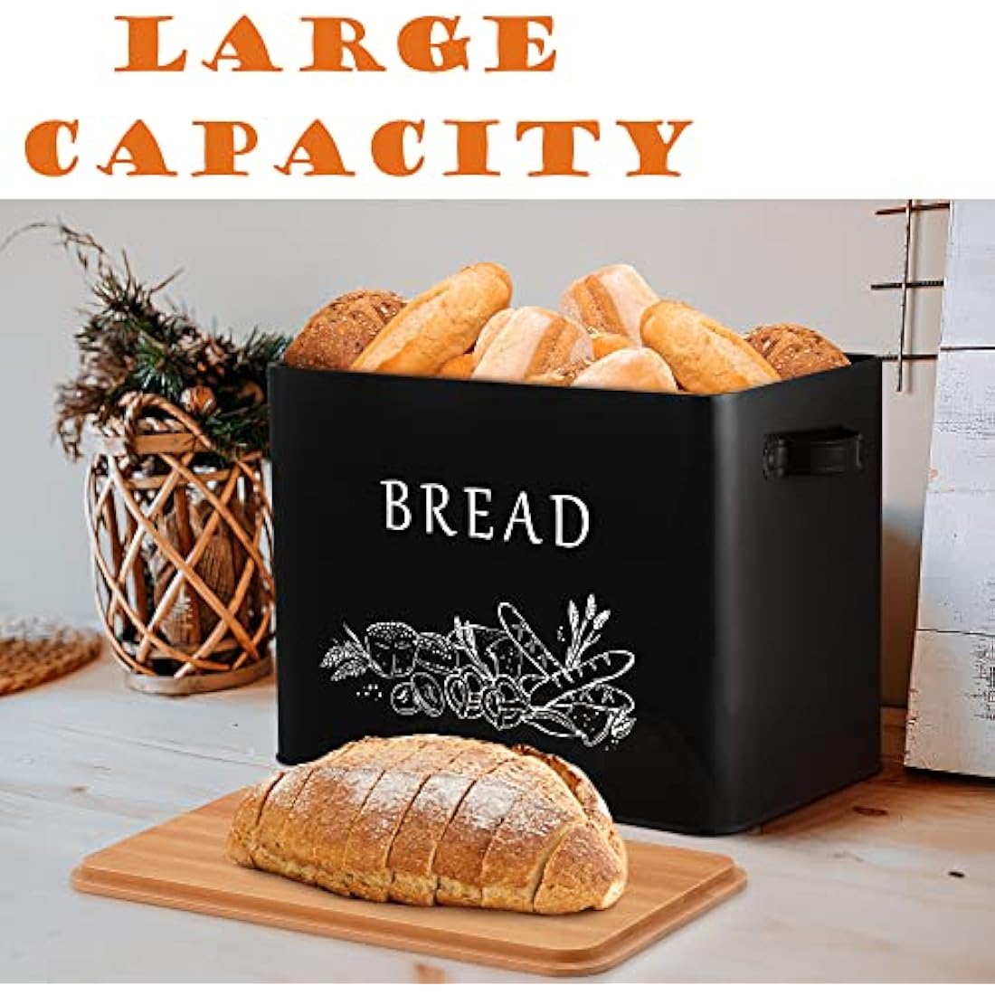 Joyfair Bread Bin, Metal Bread Box with Bamboo Cutting Board Lid, Extra Large Loaf Holder for Kitchen Countertop, Vintage Storage Container fit 2 Loaves, Space Saving & Farmhouse Style, Black