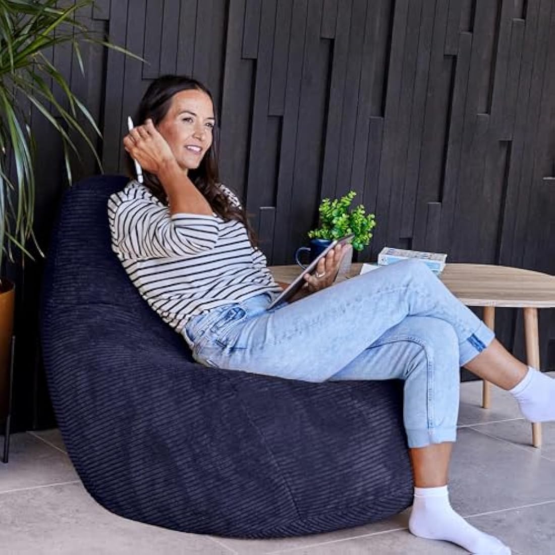 icon Dalton Cord Recliner Bean Bag, Navy Blue, Large Adult Bean Bag Chair with Filling Included, Comfy Chair, Living Room Furniture, Bedroom Furniture