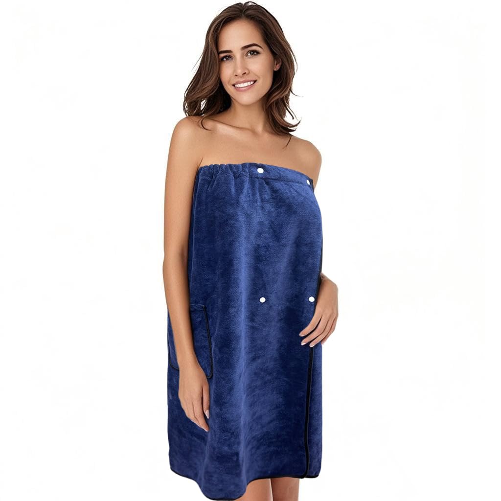SINLAND Womens Microfiber Spa Wrap Towel Bath Towel with Snap Closure (27Inchx53Inch, Navy Blue)
