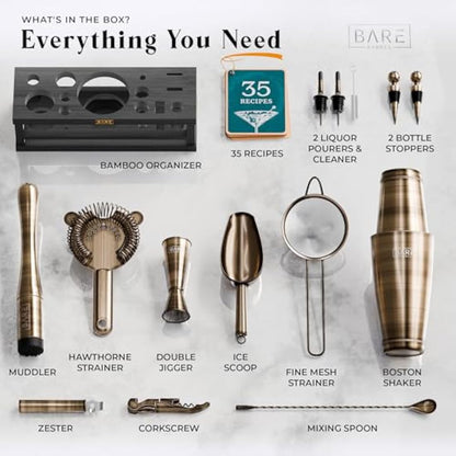 BARE BARREL® Cocktail Making Kit | 16-Piece Bartender Kit Cocktail Shaker Set Maker | Bamboo Display Stand & 35 Recipe Cards | Mixology Cocktail Gift Set (800ml/28oz Boston Shaker, Brass/Black)