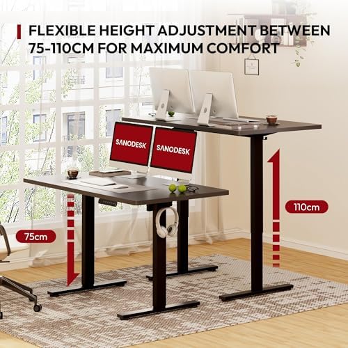 SANODESK 120 x 60cm Electric Standing Desk ONE PIECE Height Adjustable Desk with Cable Management Tray Sit Stand Desk for Office, Black