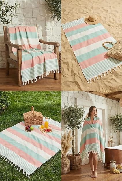 WEFLORIA Turkish Peshtemal Towel – Lightweight Quick Dry Beach & Spa Towel, Oversized Cotton Hammam Towel with Tassels – Travel, Pool, Bath, Sauna