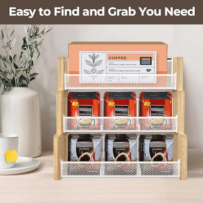 THYGIFTREE Tea Bag Organizer, 3 Tier Tea Box Storage, Solid Wood Tea Bag Holder for Kitchen, Office, Countertop,Sugar Packets, Creamers Holder