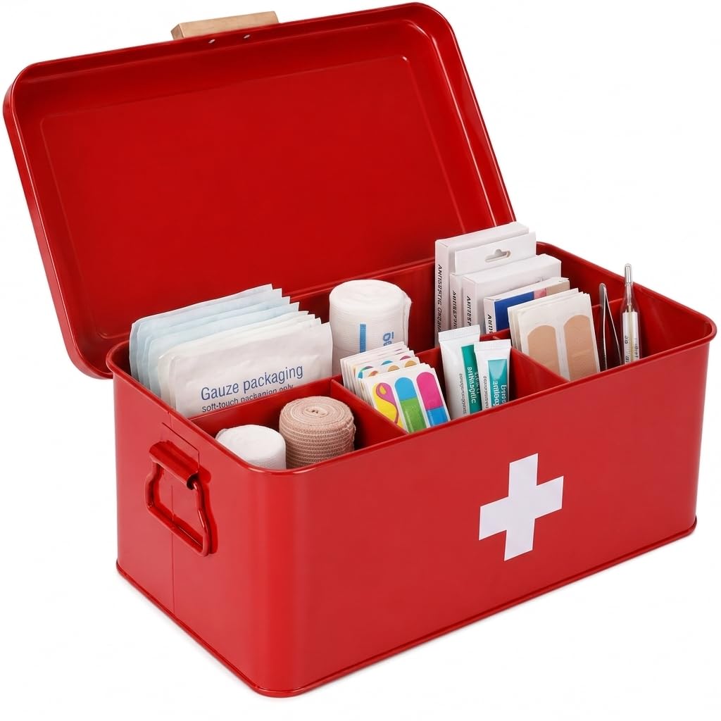 Punorric Medicine Storage Box, Metal First Aid Box with 4 Compartments, Medicine Cabinet Organiser with Handle, Medication Storage for Home, Office