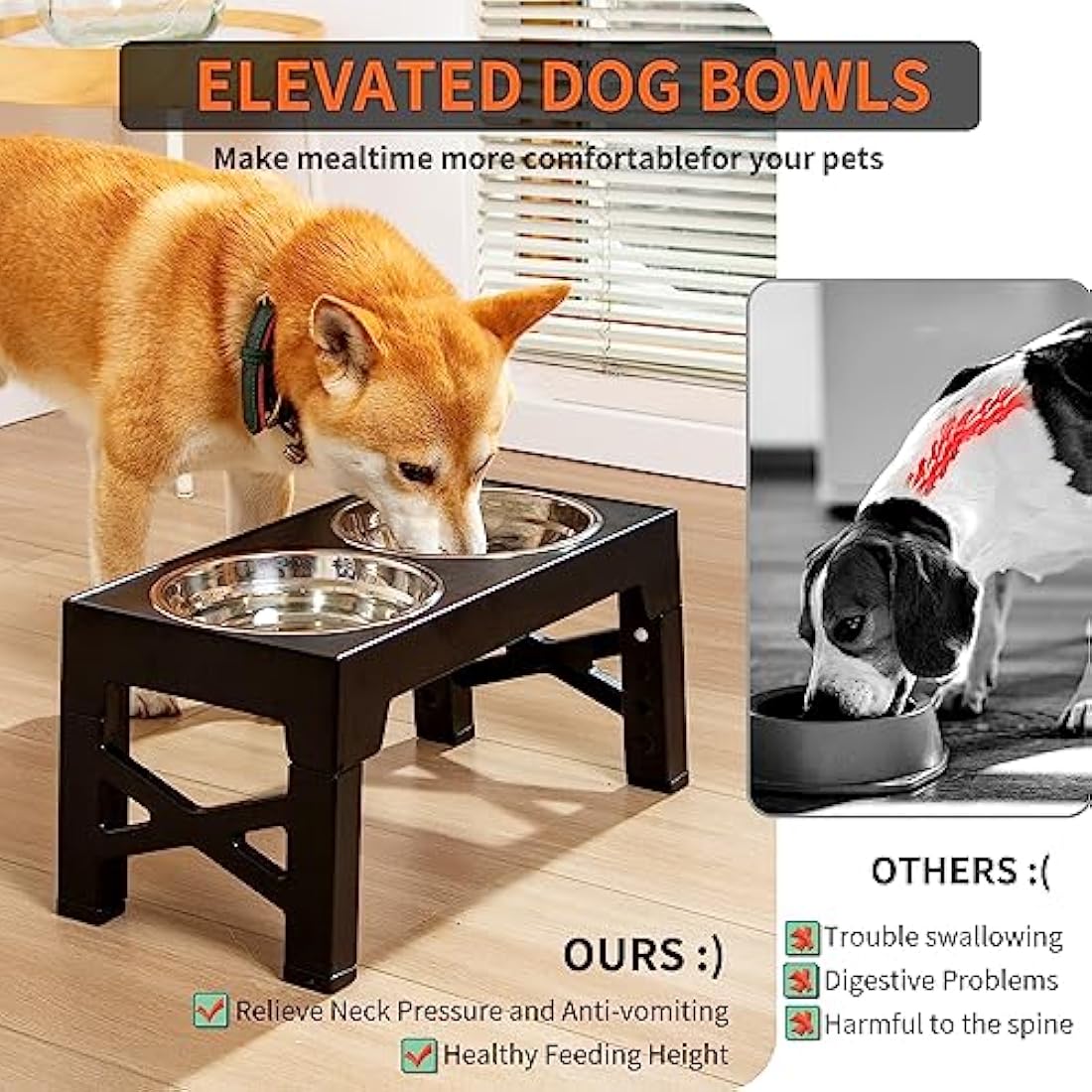 FOREYY Adjustable Elevated Dog Bowls with 2 Stainless Steel Bowls and 1 Slow Bowl, Raised Dog Bowl 5 Heights, Non-Slip Dog Food water Bowl Stand for Small Medium Large Dogs(Gary)