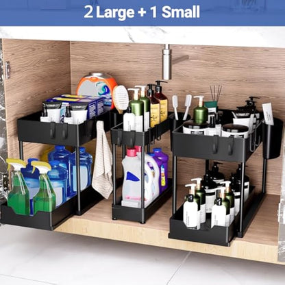 Puricon 3 Pack Under Sink Storage Kitchen Organiser, Pull Out Under Sink Organiser Kitchen, 2 Tier Sliding Under Sink Storage Drawer Under Sink Shelf -Black