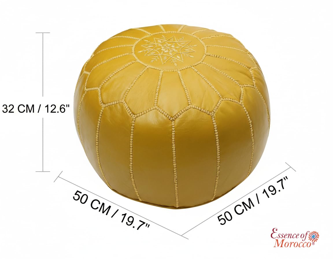 ESSENCE OF MOROCCO Moroccan Pouffe Pouf Footrest Footstool Ottoman Real Leather Yellow Mustard Handmade Hand-stitched with Embroidered Marrakech