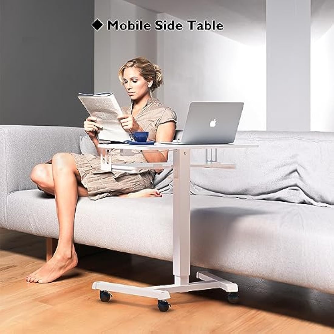 BONTEC 65 × 45cm Two-Tier Mobile Computer Workstation with 4 Rolling Castors, Laptop Stand on Wheels, Height Adjustable Standing Desk, Side Table for Living Room, Bedroom, Medical White
