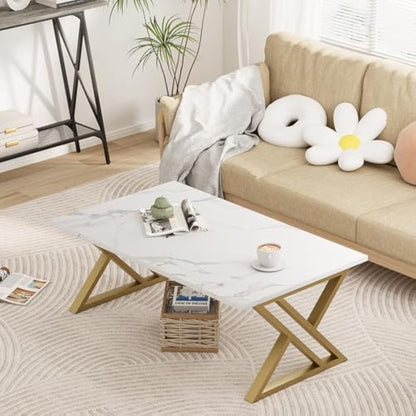 Coffee Table, Living Room Table, Center Tea Tables, Rectangular Tea Tables, End Side Desk with Gold Metal Frame for Living Room Bedroom Office, Modern Open Design, 39.3 x 18.9 x 17.7 IN, White/Gold