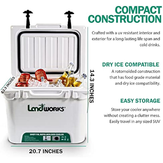 Landworks ENHANCED Rotomolded Cooler 20-45QT, 5-10 Day Ice Retention, Dry Ice Compatible, UV Protection, 15mm Gasket, 2 Bottle Openers, Vacuum Release Valve