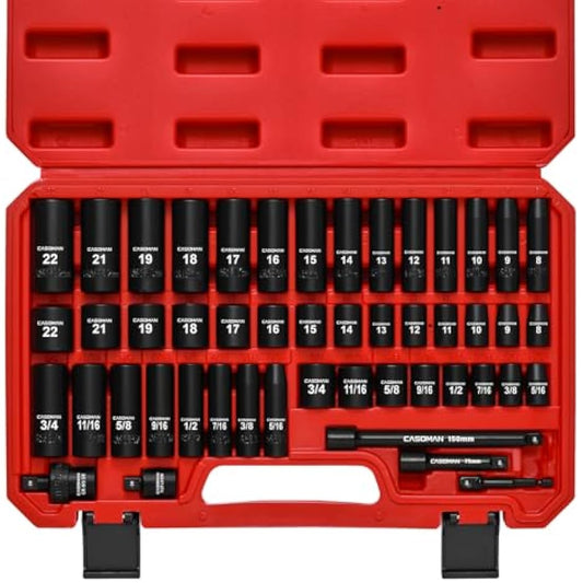 CASOMAN 3/8" Drive Impact Socket Set, 49 Piece Standard SAE and Metric Sizes (5/16-Inch to 3/4-Inch and 8-22 mm), 6 Point, Cr-V Steel Socket Set