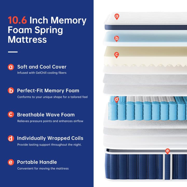 TeQsli 3FT Single Mattress Memory Foam Pocket Spring Hybrid 90x190x27 cm