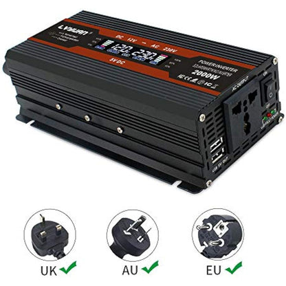 Cantonape 1000W Power Inverter DC 12V to 230V 240V AC Car Converter 12V Inverter with 12v Cigarette Lighter, 2 USB, universal Sockets Car Adapter and LCD Display, (peak 2000W<10ms)