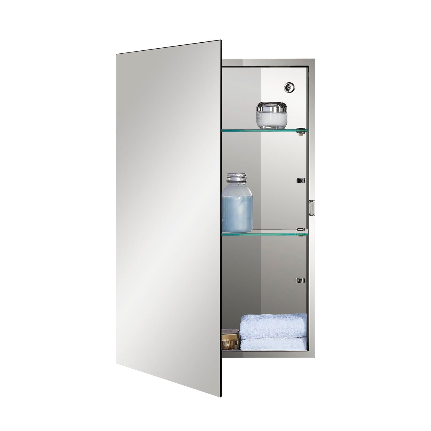 Fundin Stainless Steel Bathroom Mirror Cabinet, Single Door with Adjustable Glass Shelves, Surface Mounted, 40cm W x 60cm H, Mirrored Finish
