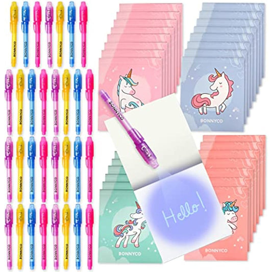 BONNYCO Invisible Ink Pen and Notebook, Pack 32 Unicorns Party Bags Filler & Pinata Toys | Unicorn Birthday Decorations | Stocking Fillers for Kids Birthday | School Prizes & Gifts for Children