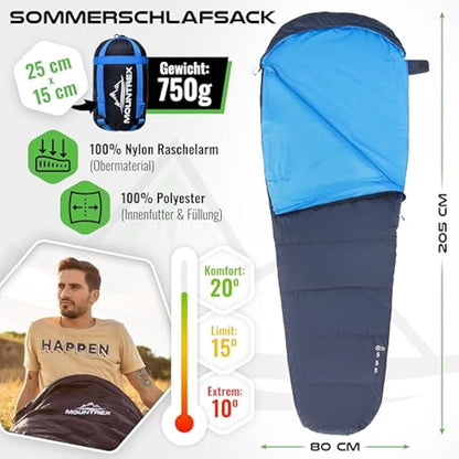 MOUNTREX® sleeping bag – Ultra Light (720g) with Small Pack Size - Outdoor Summer Sleeping Bag - Mummy Shape (205x75cm) - Compact, Warm, Lightweight - for Camping, Travel, Backpacking or Festivals