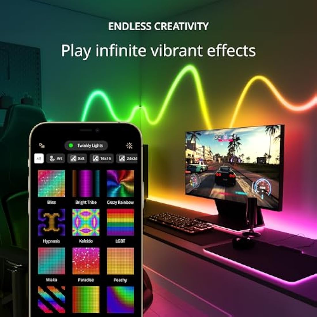 Twinkly Flex 3m, LED Tube Multicolor, RGB LED Strip Flexible, Compatible with Alexa and Google Home, Gaming Lights, 16 M+ Colors, USB C Power, App Control, White Wire
