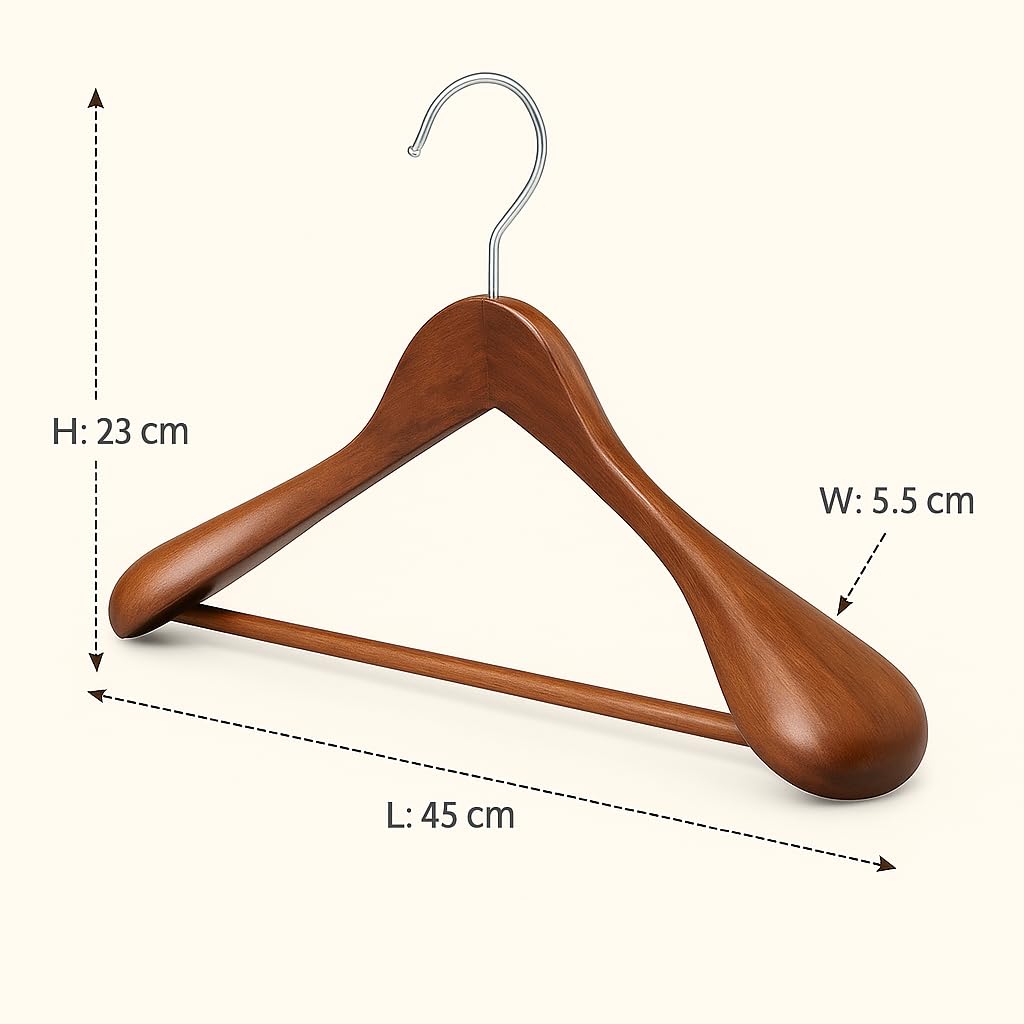 MELA'S Wooden Wide Clothes Hanger, Natural Wood, Pack of 10, Non-Slip, for Stable Jacket, Suit, Shirts, Extra Wide Shoulders, Trouser Bars