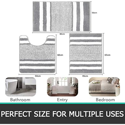 Pauwer Bath Mat Set 3 Pieces Bathroom Mat and U-Shape Toilet Mat Set Microfiber High Density Soft Water Absorbent Bath Rug Non slip Shower Rugs for Bathroom