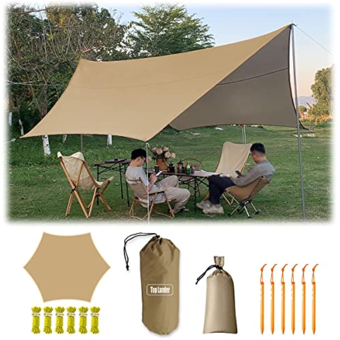 4.5X4.5m Large Camping Tarp Tent Ultralight Waterproof Mutifunctional Awning Hexagon Tarpaulin Shelter for Car Bushcraft Hammock Backpacking Outdoor