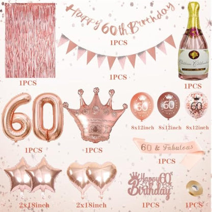 Rose Gold 60th Birthday Party Decorations Set With Balloons, Banner and Triangle Flag
