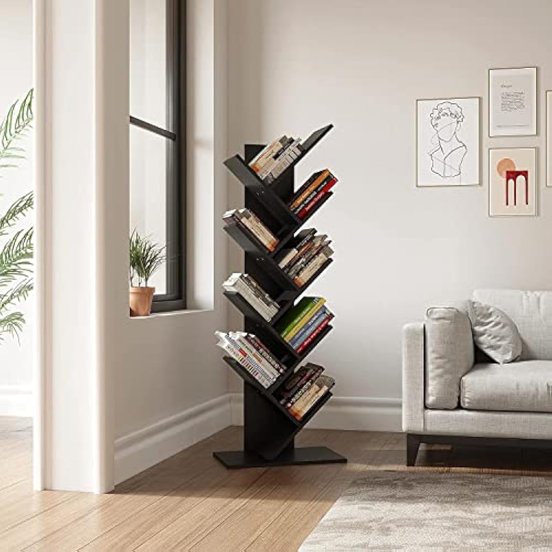 YITAHOME Tree Bookshelf, Floor Standing Book Shelf, Tall Industrial Wooden Shelves Bookcase, Display Storage Shelving Units for Living Room Home Office - Black Bookshelf
