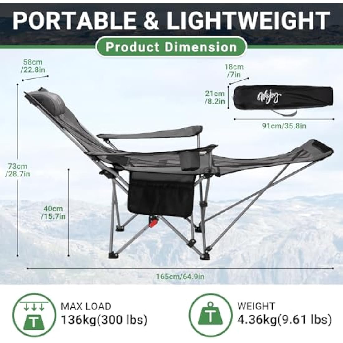 #WEJOY Camping Chairs Folding Recliner Chair Adjustable with Detachable Footrest Headrest Cup Holder Portable Reclining Camp Chair Fold Up Chair for Outdoor Beach Garden,Grey black Set of 2
