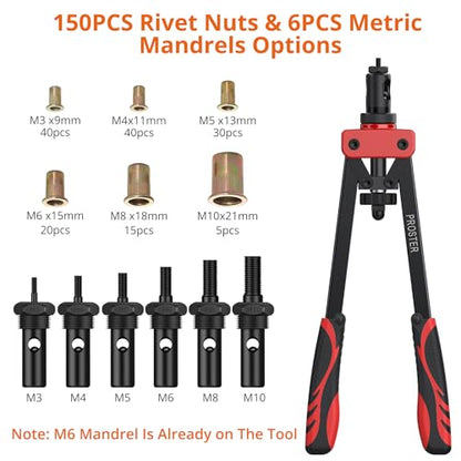 Proster Rivet Nut Tool 14" - Rivet Nut Gun with 150Pcs M3 M4 M5 M6 M8 M10 Rivet Nuts 6Pcs Metric Mandrels Heavy Duty Hand RIV Nut Gun Thread Setter Kit Red