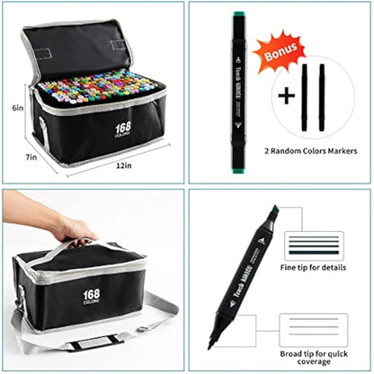SOSINYA 168 Colours Dual Tip Art Markers Set, Felt Tip Pens for Adults, Permanent Alcohol Marker Pens for Drawing,Sketching,Anime,Manga with Carrying Case and Storage Base