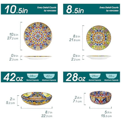 vancasso SIMI Dinner Set- 24 Pieces for 6 People, Porcelain Plates and Bowls Set, Bohemian Style Dinnerware Sets, Scratch Resistant Dinner Service Set, Dishwasher and Microwave Safe