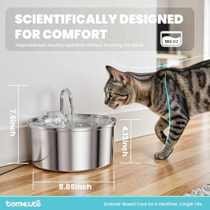 TOMXCUTE Cat Water Fountain for drinking, 3.2L Stainless Steel Pet Fountain, Cat Drinking Fountain Dishwasher Safe, Water Dispenser for Cats and Dogs, with Upgraded Pump and 3 Replacement Filters