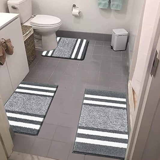 Pauwer 3 Pieces Luxury Bath Mat and Pedestal Mat Set Super Soft Microfiber Fluffy Bathroom Rug Machine Washable Absorbent Shower Rugs for Bathroom