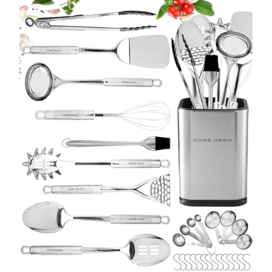 Kitchen Utensils Set - Non-Stick Heat Resistant Cooking Utensils Set - Spoons Turners Spatula Ladle Set - Kitchen Tools Gadgets Accessories (32 pcs Stainless Steel Set)