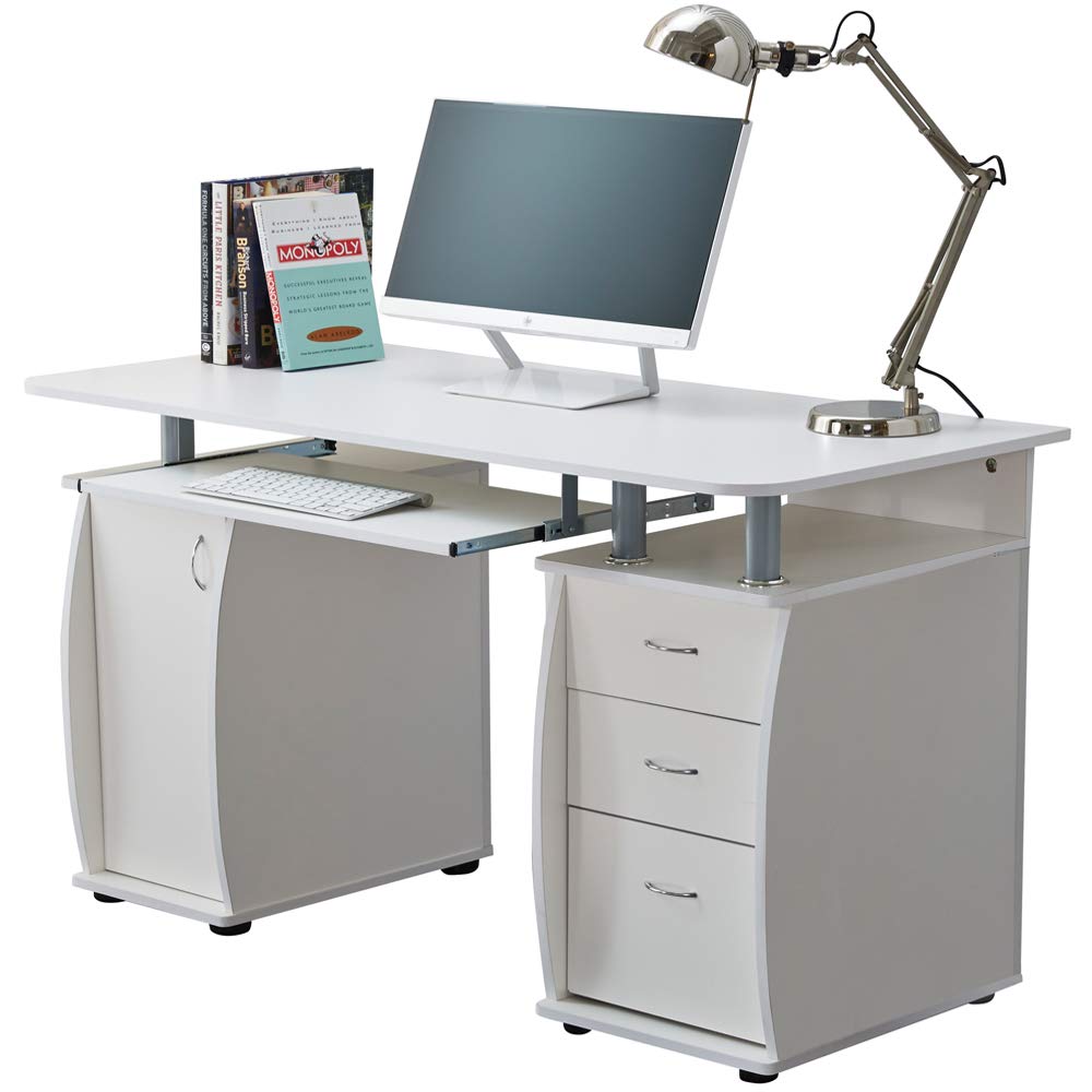 RayGar White Deluxe Design Computer Desk with Cabinet and 3 Drawers for Home Office Table Workstation - New (White)