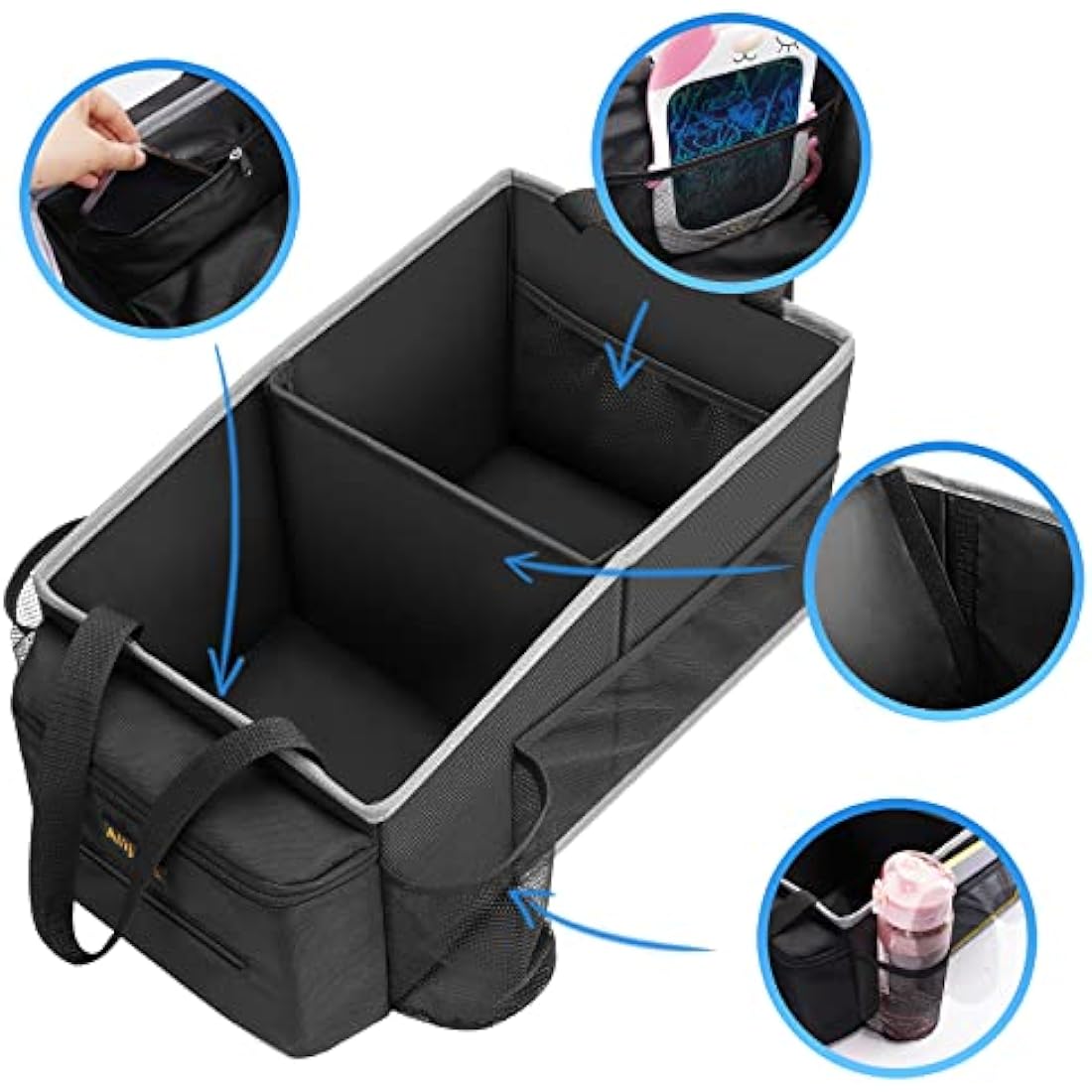 Alijees Car Seat Organiser - Car Caddy Accessories Organiser Back Seat for Kids, Car Boot Storage Backseat Organiser Front Seat With Cup Holders, Tissue Box, Multiple Mesh Pockets, Black