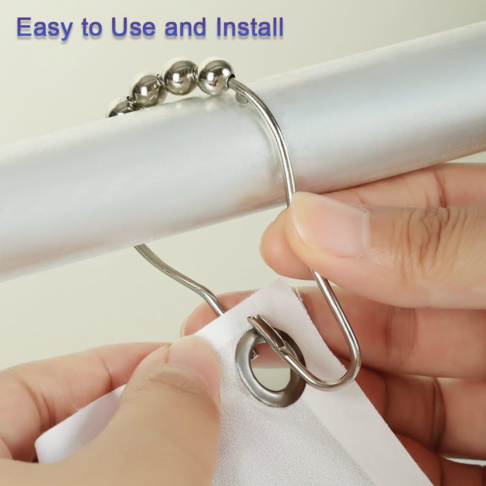 12 Pcs Stainless Steel Shower Curtain Hooks, Shower Curtains Rings, Shower-Rod Rail Rings for Bathroom Curtains Rods, Easy To Open, Close & Install
